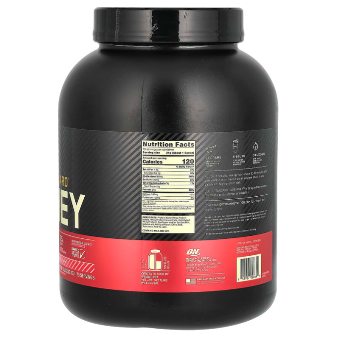 цена на Optimum Nutrition Gold Standard 100% Whey сыртқы "Құлпынай", 2270 г ( 5 lb)