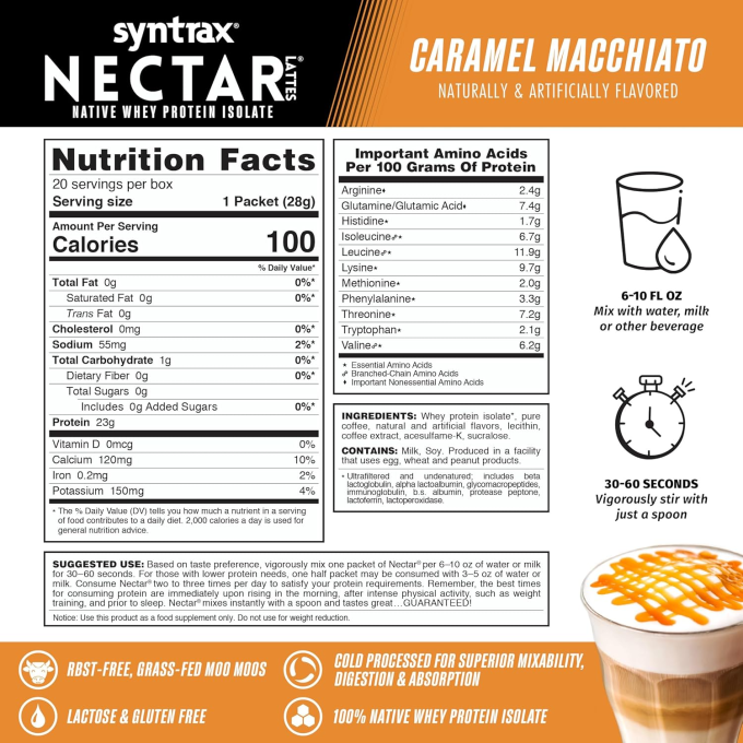 цена на Syntrax Nectar Lattes Grab N Go со вкусом "Карамельный Макиато", 30 г