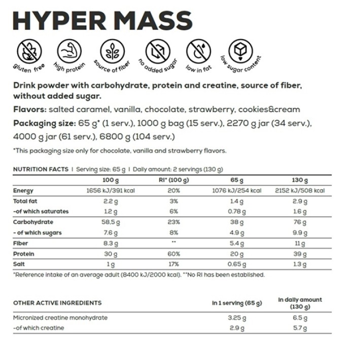 BioTech USA Hyper Mass vanilla 1000 g — масса жинауға арналған гейнер