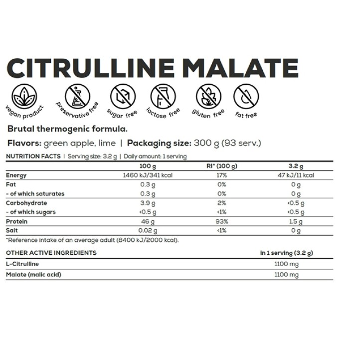Предтренировочный комплекс BioTech USA Citrulline Malate Green apple 300 g
