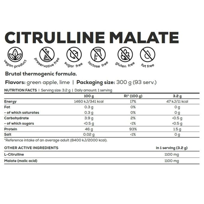 Жаттығу алдындағы кешен BioTech USA Citrulline Malate Lime 300 g