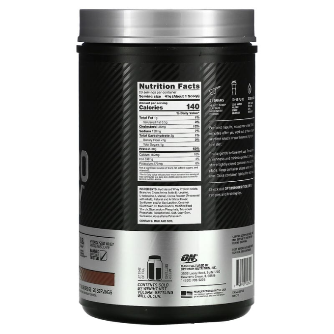 цена на OPTIMUM NUTRITION 100% Platinum HydroWhey шоколад сыртқысы, 795 г (1.75 фунт)