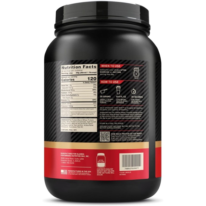 цена на Optimum Nutrition Gold Standard 100% Whey со вкусом "Клубника-Банан", 2 lb (907 г)