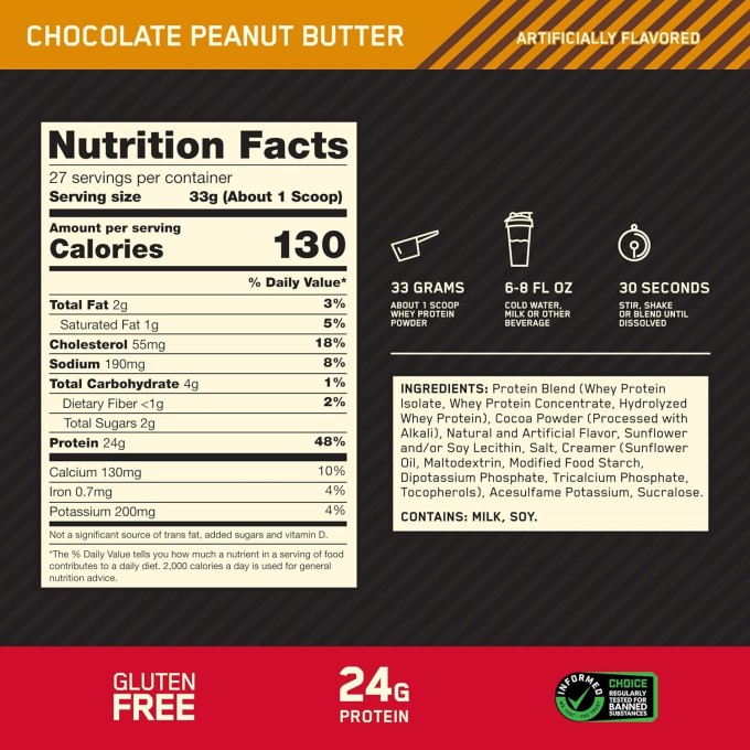 Optimum Nutrition Gold Standard 100% Whey "Жержаңғақ қосылған Шоколад" дәмі бар, 2 lb (907 г)